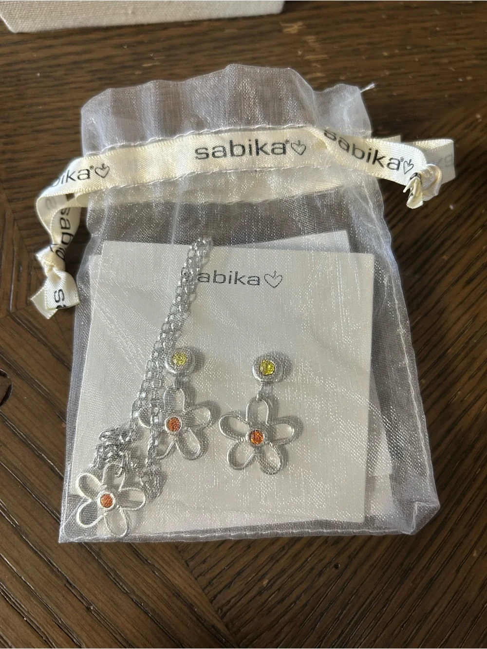 Sabika Jewelry Silver Flower Necklace and Earrings Set, Orange and Yellow Stones